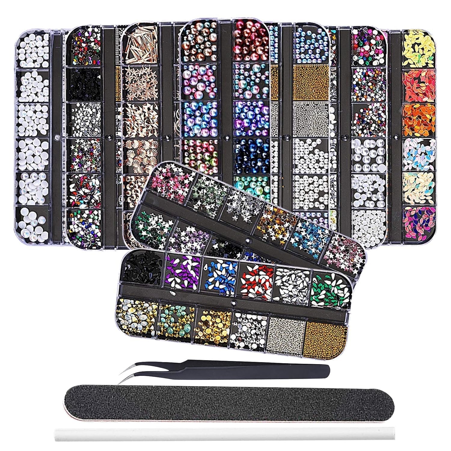 EBANKU Nail Art Strass Kit Multi Design Zubehör Mit 1 Pinzetten 1 Stück Wachsstifte Deko Diamanten Kristalle Perlen Edelsteine ​​​​Bunt Pferdeaugen Strass Metall Nieten Für Nagel DIY (1 Stück (opakowanie 10Er))