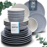 Zestaw ceramicznych naczyń stołowych na 6 osób, Hygge, 24 sztuki. ZWYCIĘZCA TESTU Marzycielska skandynawska kamionkowa zastawa stołowa Zestaw misek i talerzy Serwis obiadowy na 6 zestawów naczyń obiadowych Pure Living w kolorze szaro-niebieskim