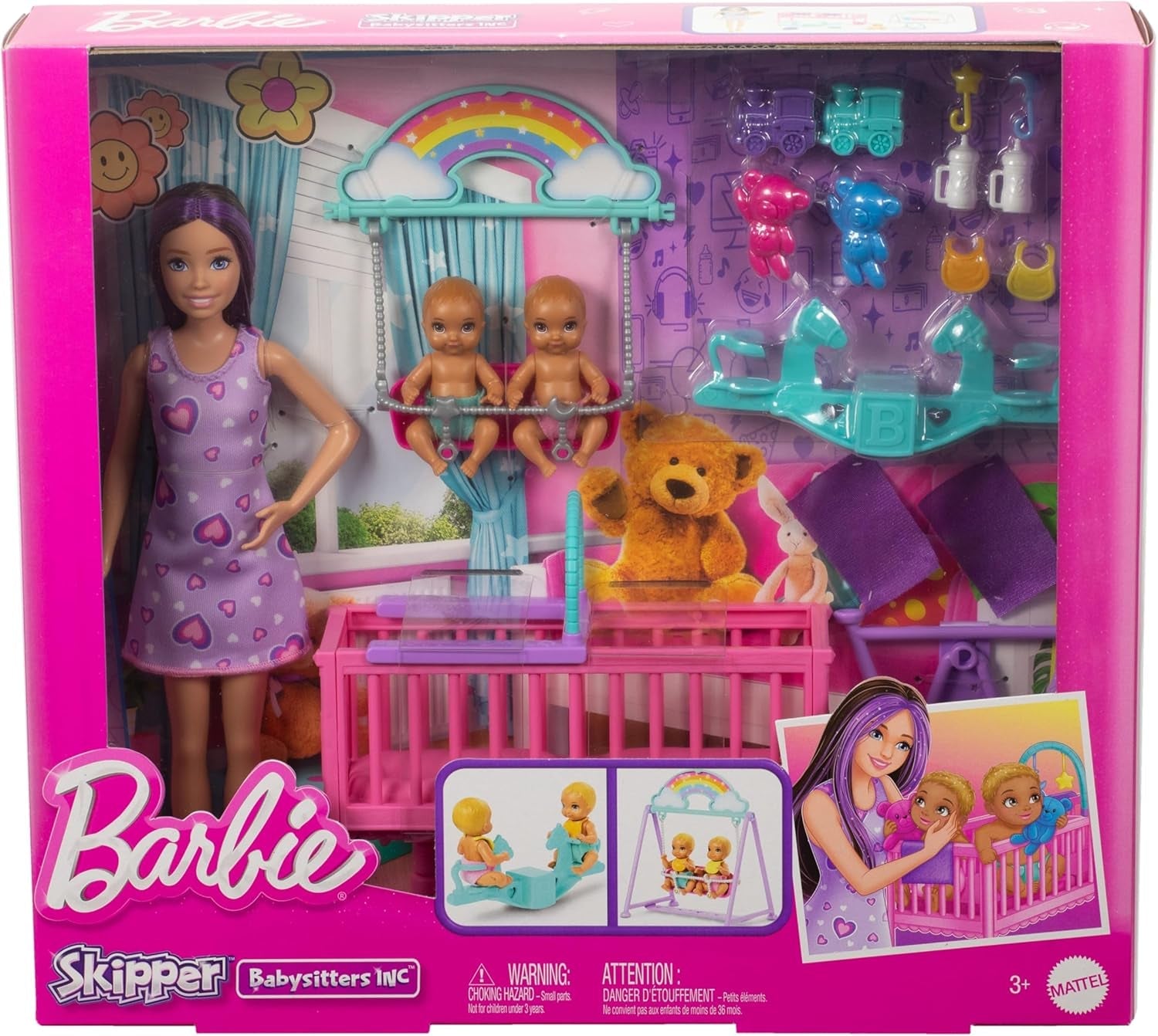 Lalka Barbie Skipper i domek do zabawy z akcesoriami, w tym bliźniacze lalki, 1 łóżeczko, 1 huśtawka, 1 bujak i inne elementy, HXM99
