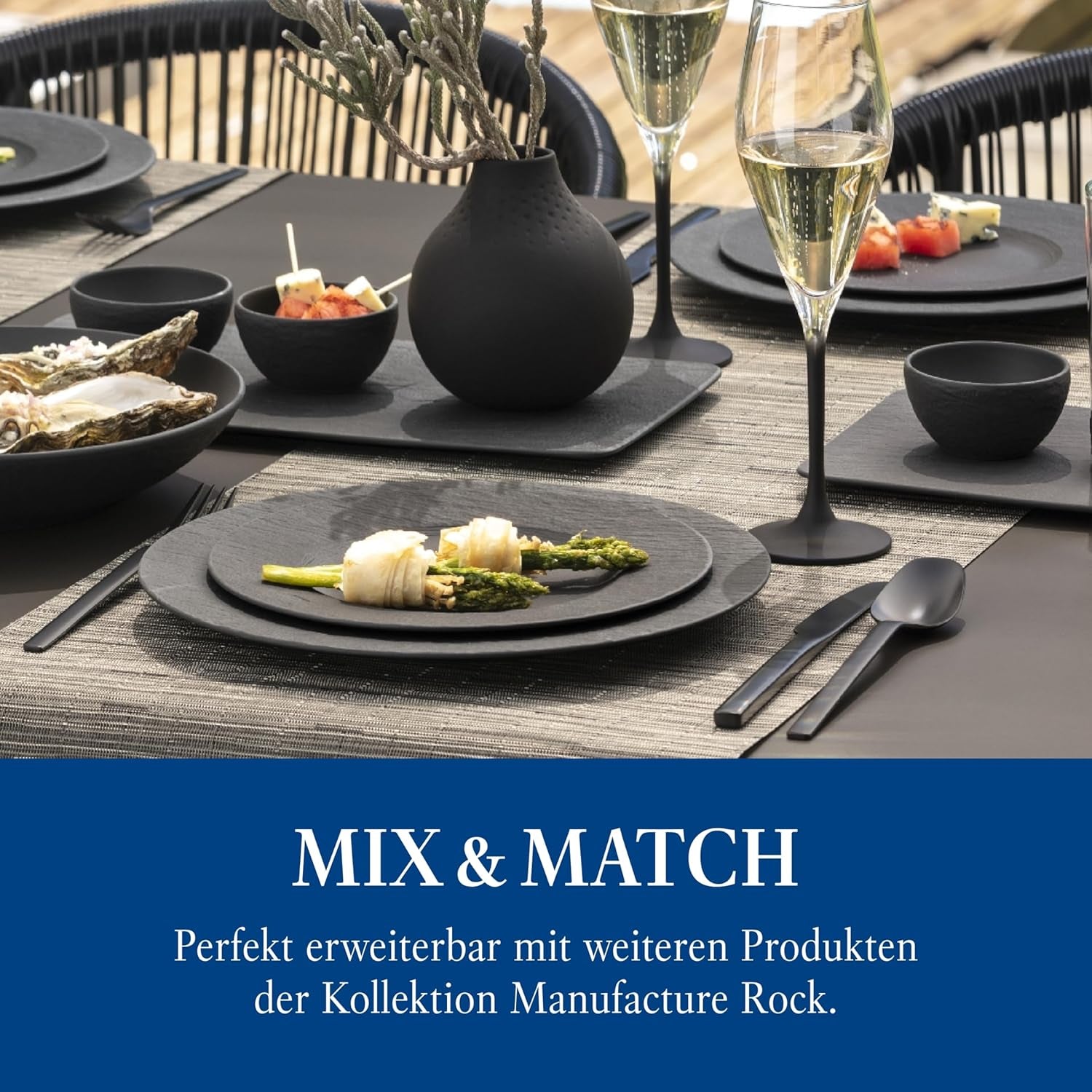 Zestaw startowy Villeroy & Boch Manufacture Rock, 6 elementów, czarny, można myć w zmywarce, można używać w kuchence mikrofalowej, czarny matowy zestaw naczyń obiadowych, zastawa stołowa, sztućce, porcelana Premium