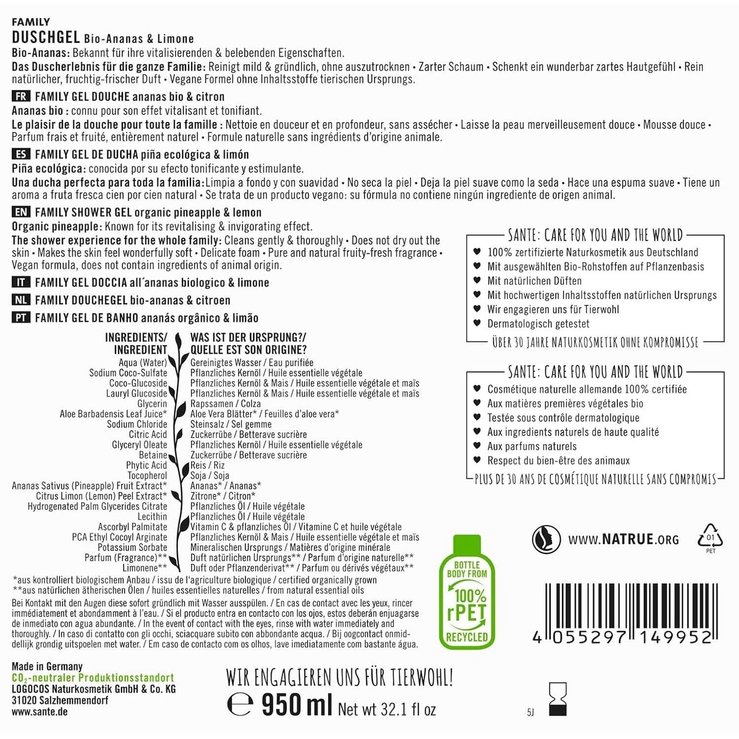 SANTE Natural Cosmetics Odświeżający żel pod prysznic o cytrusowym zapachu, 950 ml Prysznic i kąpiel Naty Shop