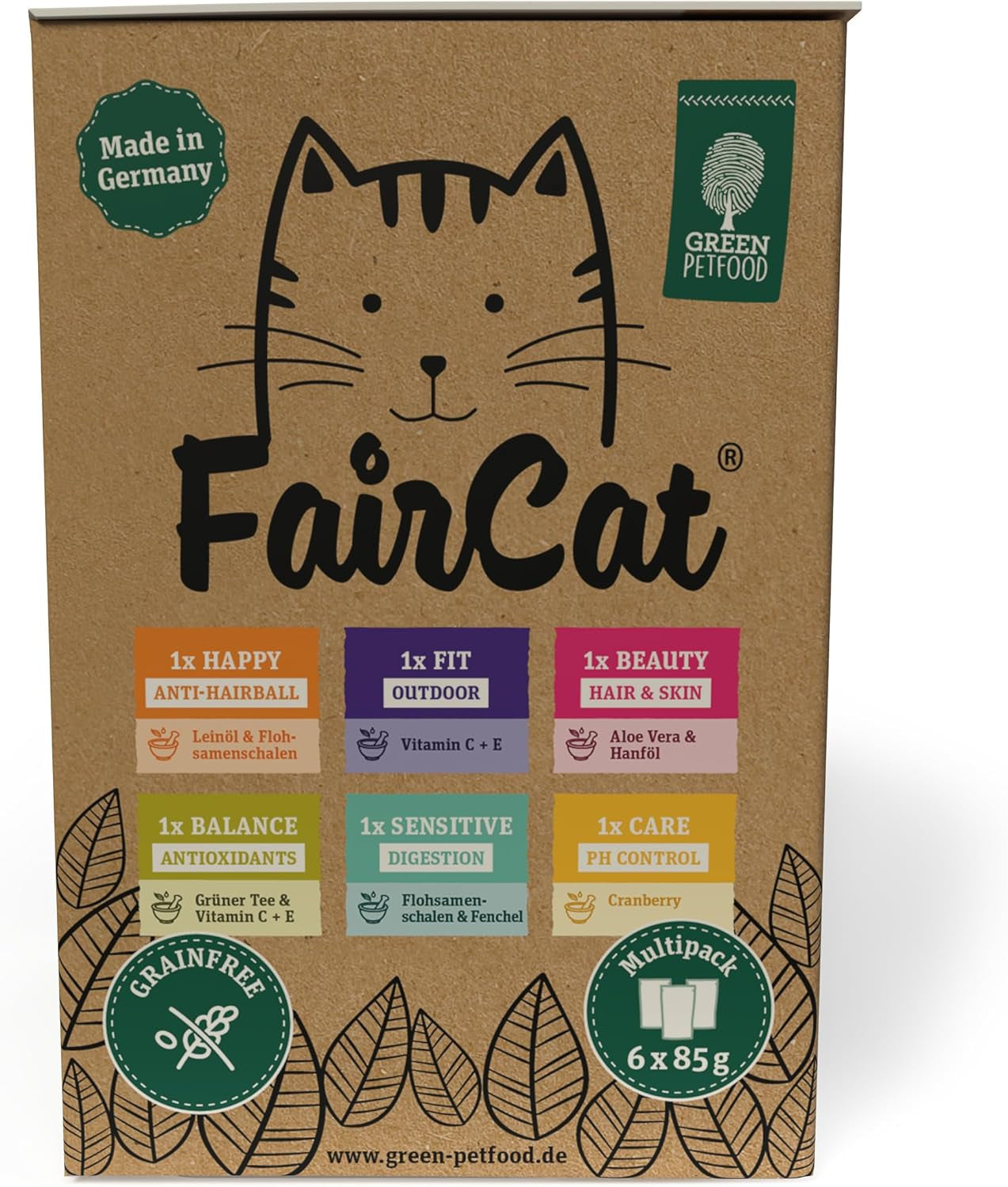 Opakowanie zbiorcze Green Petfood FairCat (6 x 85 g) | Dorosły | Mokra karma premium dla wyrośniętych kotów 6 verschiedenen leckere Sorten im Multipack | getreidefrei | Katzenfutter nass | 6 paczek