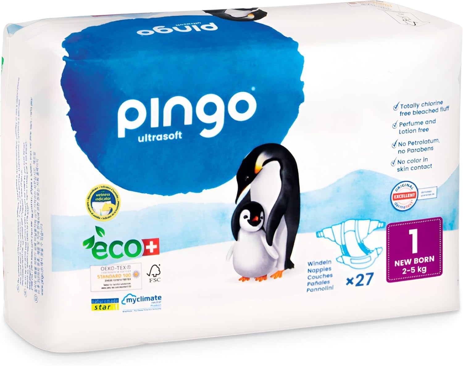 Ekologiczne pieluszki rozmiar 1 dla noworodków (2-5 kg), 1 worek z 27 pieluchami