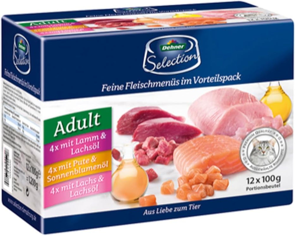 Dehner Premium mokra karma dla kotów, opakowanie zbiorcze, dorosłe koty, 4 sztuki każda: jagnięcina / indyk / łosoś, 12 torebek x 100 g (1,2 kg)