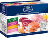 Dehner Premium mokra karma dla kotów, opakowanie zbiorcze, dorosłe koty, 4 sztuki każda: jagnięcina / indyk / łosoś, 12 torebek x 100 g (1,2 kg)