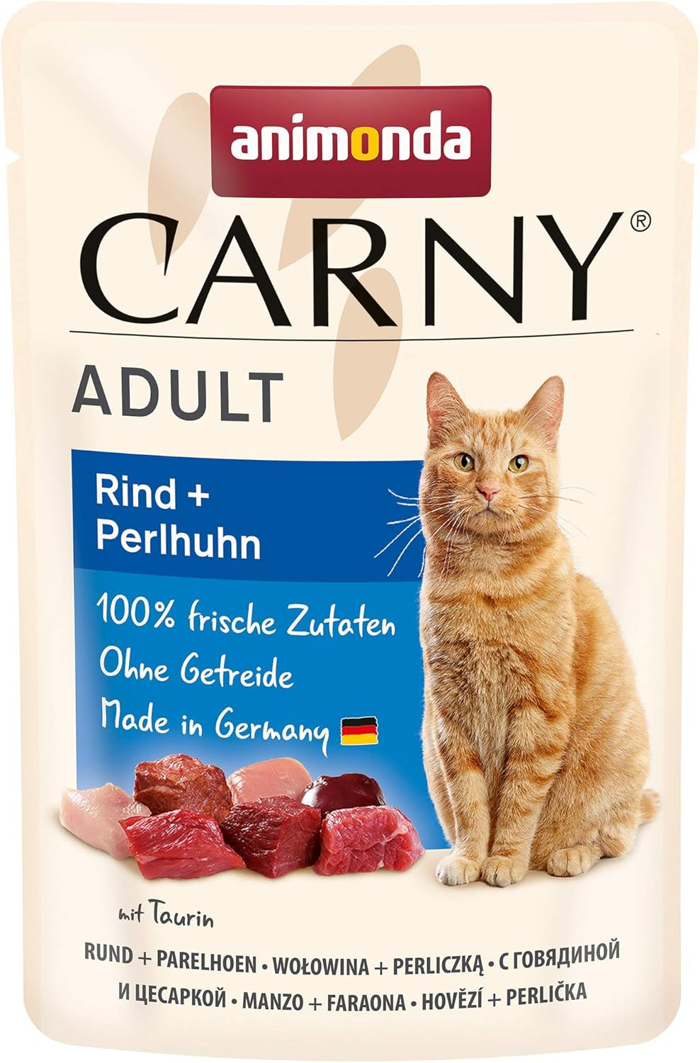 Animonda Carny Mokra karma dla kotów z wołowiną i perlicą, 12 saszetek (12 x 85g), bez zbóż, bez cukru, mokra karma dla kotów ze świeżymi składnikami mięsnymi