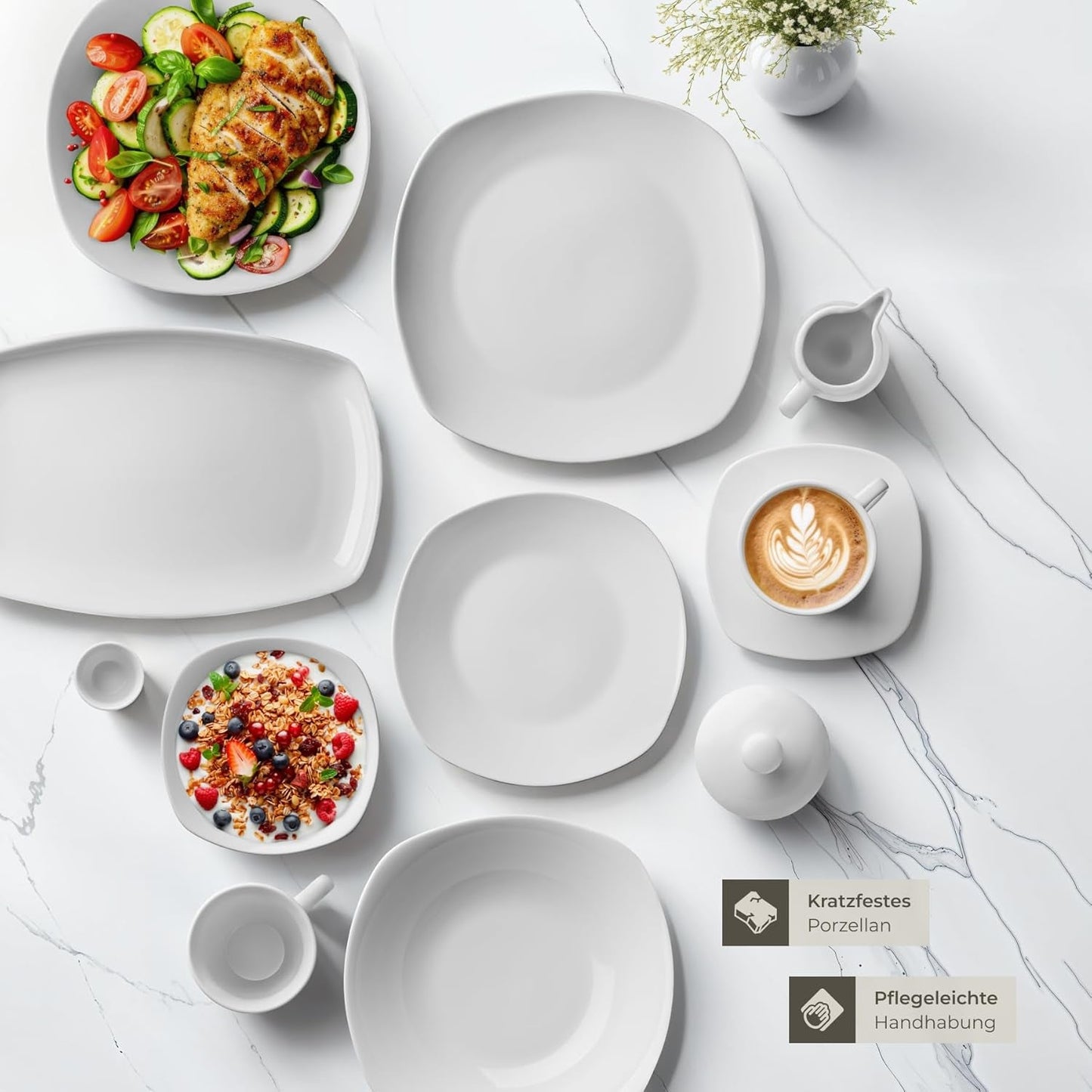 tectake® Zestaw naczyń obiadowych na 12 osób, 100-częściowy zestaw naczyń porcelanowych, w tym 12 talerzy, 12 talerzy deserowych, 12 talerzy obiadowych, 12 filiżanek, 12 misek na płatki zbożowe, salaterka, dzbanek na mleko, cukiernica