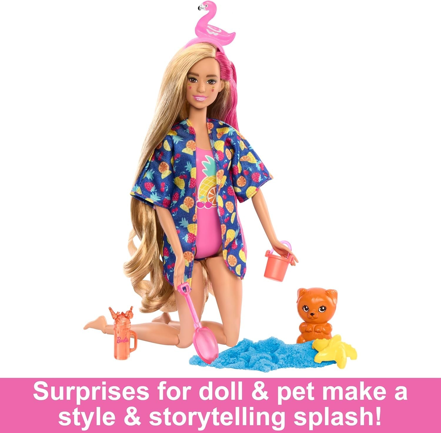 Zestaw upominkowy BARBIE Pop Reveal Rise & Surprise — ponad 15 niespodzianek, w tym 1 lalka Barbie, akcesoria plażowe zapewniające wesołą i owocową zabawę dla dzieci w wieku od 3 lat, HRK57