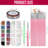 Zestaw pędzli do zdobienia paznokci FANDAMEI, 15 Stücke Pinsel Für Gelnägel Nagel Pinsel, 5 Stücke Dotted Pen, 10 Rolle Streifenband Nägel, Strasssteine ​​​​Nägel, Ultra Dünn Nagel Paillettes Für Nagelkunst Maniküre Set