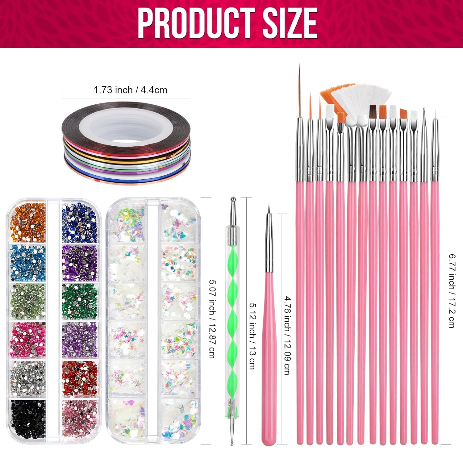 Zestaw pędzli do zdobienia paznokci FANDAMEI, 15 Stücke Pinsel Für Gelnägel Nagel Pinsel, 5 Stücke Dotted Pen, 10 Rolle Streifenband Nägel, Strasssteine ​​​​Nägel, Ultra Dünn Nagel Paillettes Für Nagelkunst Maniküre Set