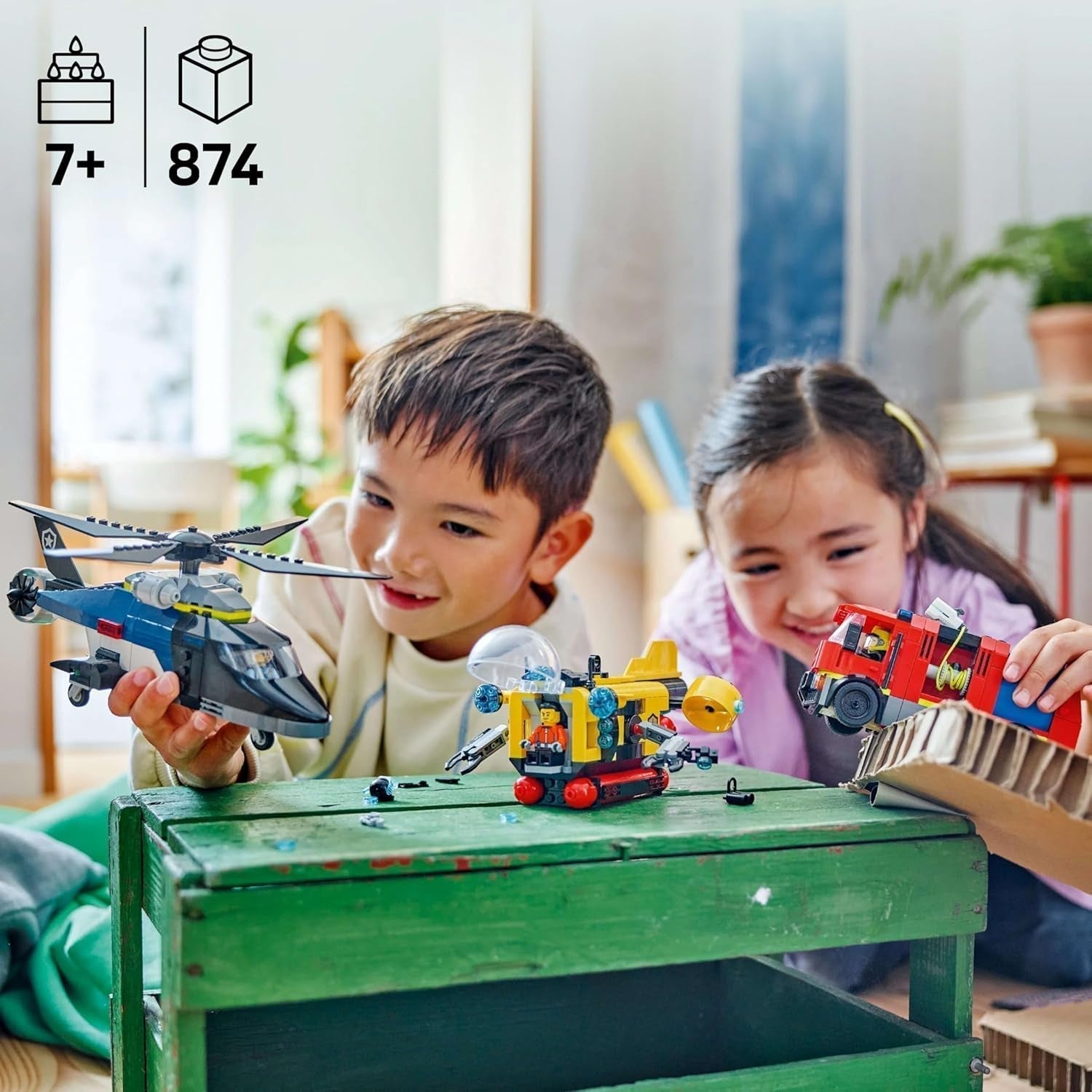 Zestaw LEGO City Combo zawierający helikopter, samochód z lwem i łódź podwodną oraz 3 minifigurki — zabawkowe pojazdy do zbudowania dla chłopców i dziewcząt od 7 lat — prezent urodzinowy i świąteczny 60462 Zestawy do budowania Besuche den LEGO-Store