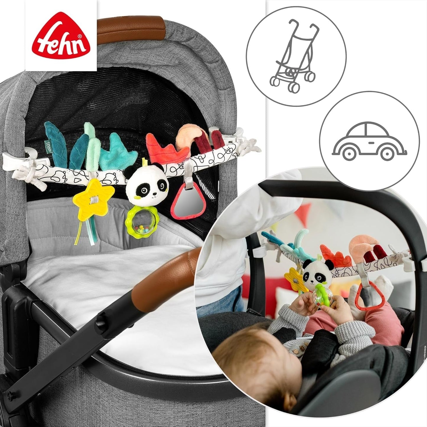 Łańcuszek do karuzeli Fehn Panda Baby Mobile - łańcuszek do karuzeli dziecięcej z uroczymi figurkami - elastyczna wisząca zabawka dla dziecka - zabawka do wózka dla niemowląt i małych dzieci od 0+ miesiąca Baby Toys Naty Shop