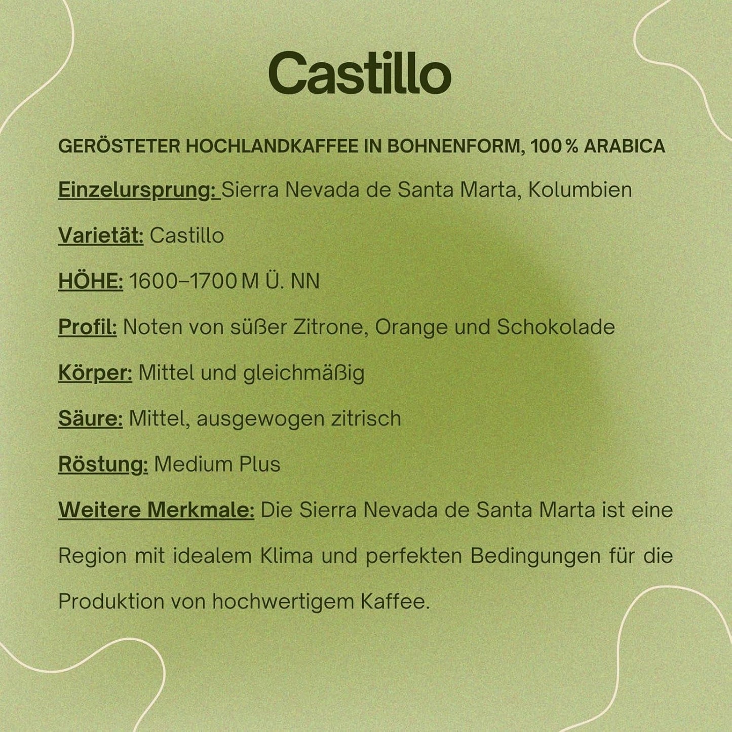 Spezialitätenkaffee Bohnen 100% Arabika Naturalna Mittlere Röstung Gewaschener Prozess Zitrus Schokolade Karamell Schattenanbau Sierra Nevada (250 g, Castillo)