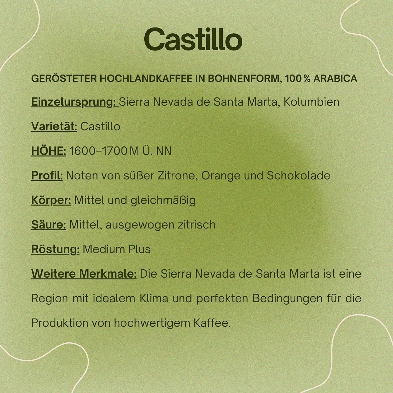 Spezialitätenkaffee Bohnen 100% Arabika Naturalna Mittlere Röstung Gewaschener Prozess Zitrus Schokolade Karamell Schattenanbau Sierra Nevada (250 g, Castillo)