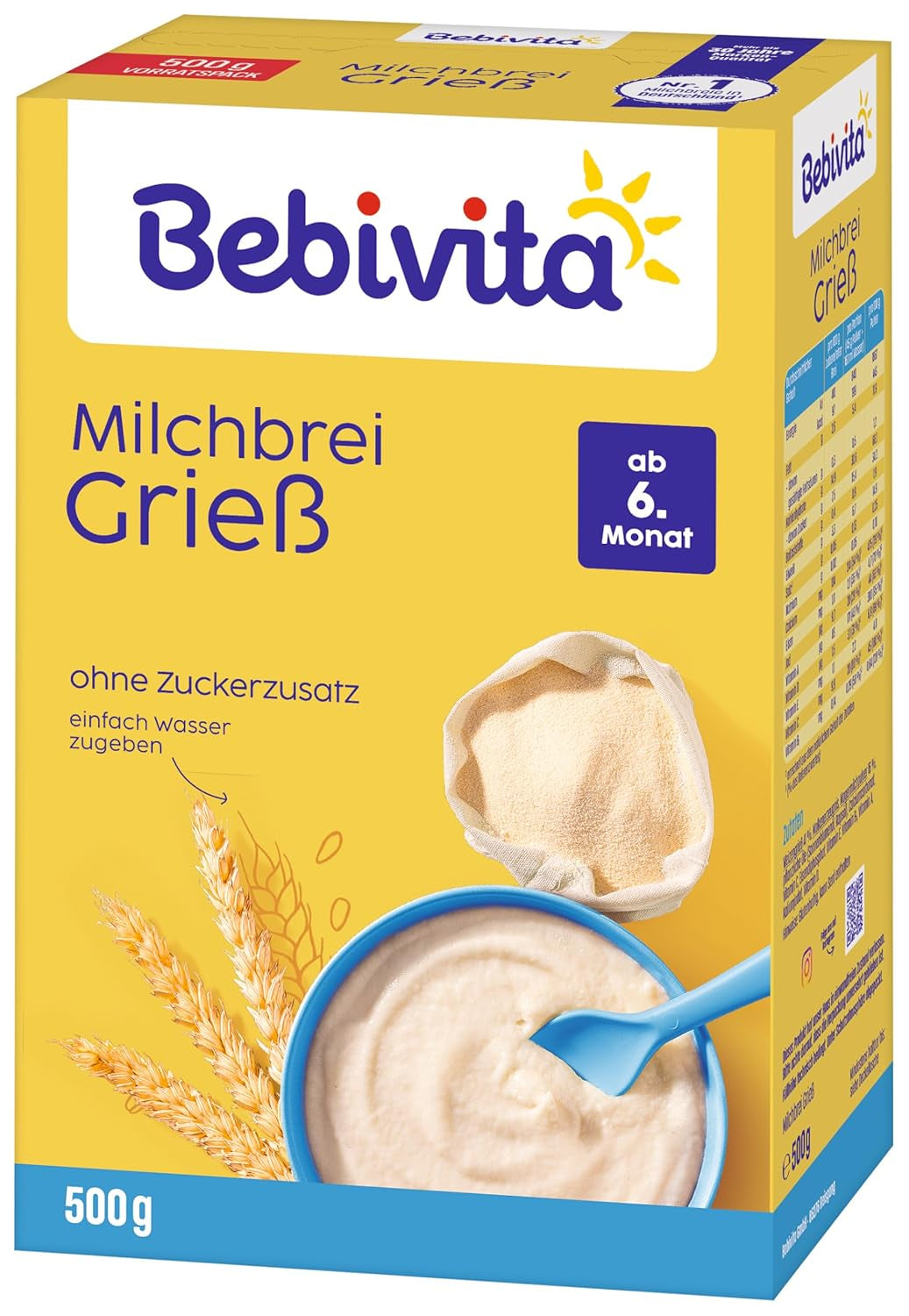 Kaszka manna z mlekiem (4 x 500g), pokarm dla dzieci od 6 miesiąca życia, bez dodatku cukru, z cennymi minerałami i witaminami, bardzo sycący