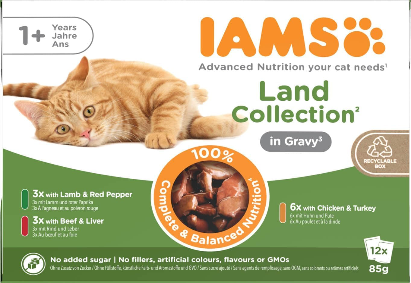 IAMS Delights Land Collection Mokra karma dla kotów - Opakowanie zbiorcze z różnymi rodzajami mięsa (jagnięcina, wołowina, kurczak i indyk) w sosie, mokra karma dla kotów od 1 roku, 12 x 85g