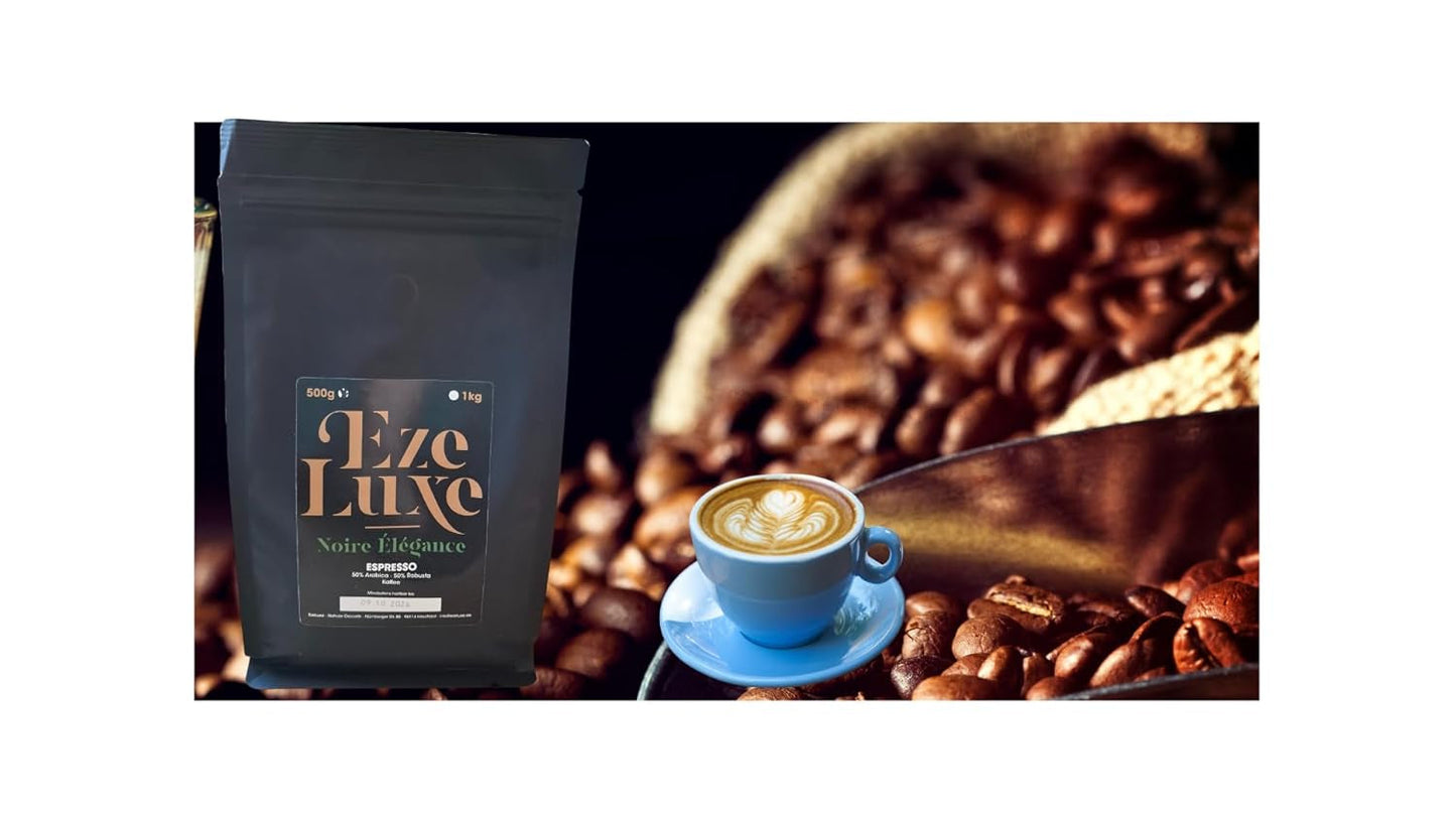 Kawa Espresso Noire Elegance 500g – 50% Arabica i 50% Robusta z Brazylii i Indii – średnio palona, ​​mocna i kremowa z ciemną czekoladą – intensywność 8 – w zestawie. gratis ekspres do kawy