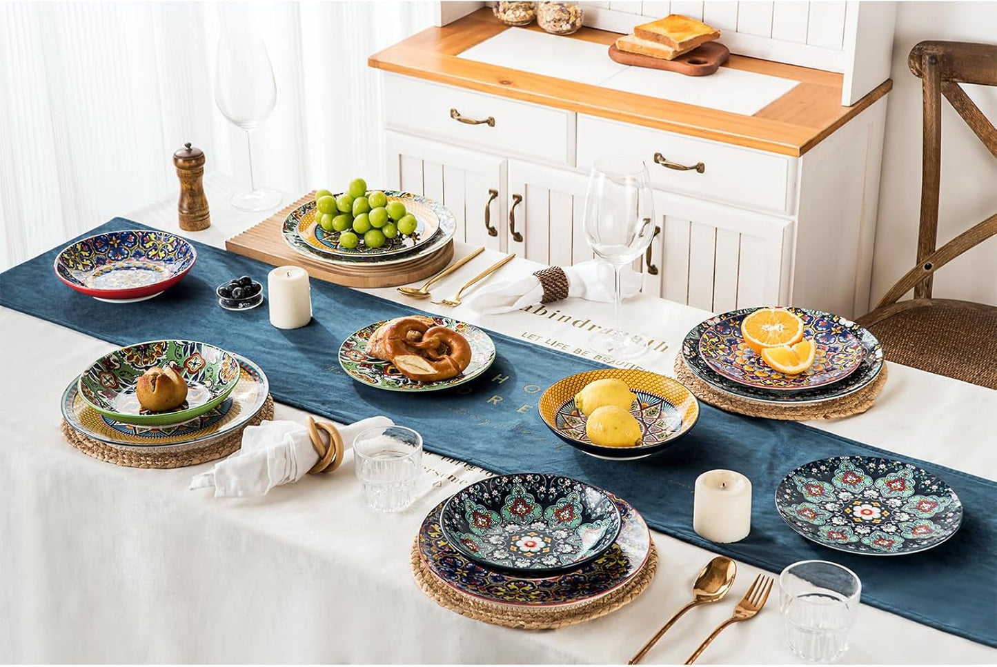 HENXFEN LEAD Porcelanowy zestaw obiadowy, 12-częściowy zestaw obiadowy dla 4 osób, kolorowy zestaw obiadowy dla 4 osób - ręcznie malowane talerze, talerze deserowe, talerze do zupy - styl boho
