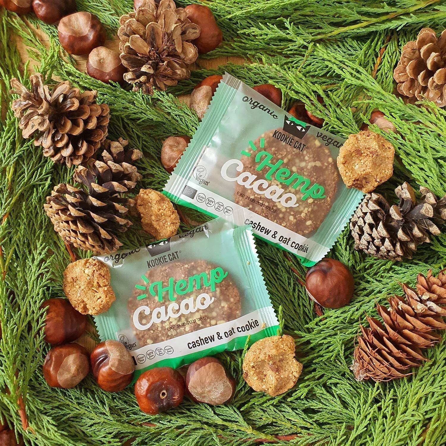 Nasiona konopi i kakao – pakowane pojedynczo, wegańskie, bezglutenowe, bez soi, organiczne ciasteczka z nerkowca i owsa – opakowanie zbiorcze 12 x 50 g