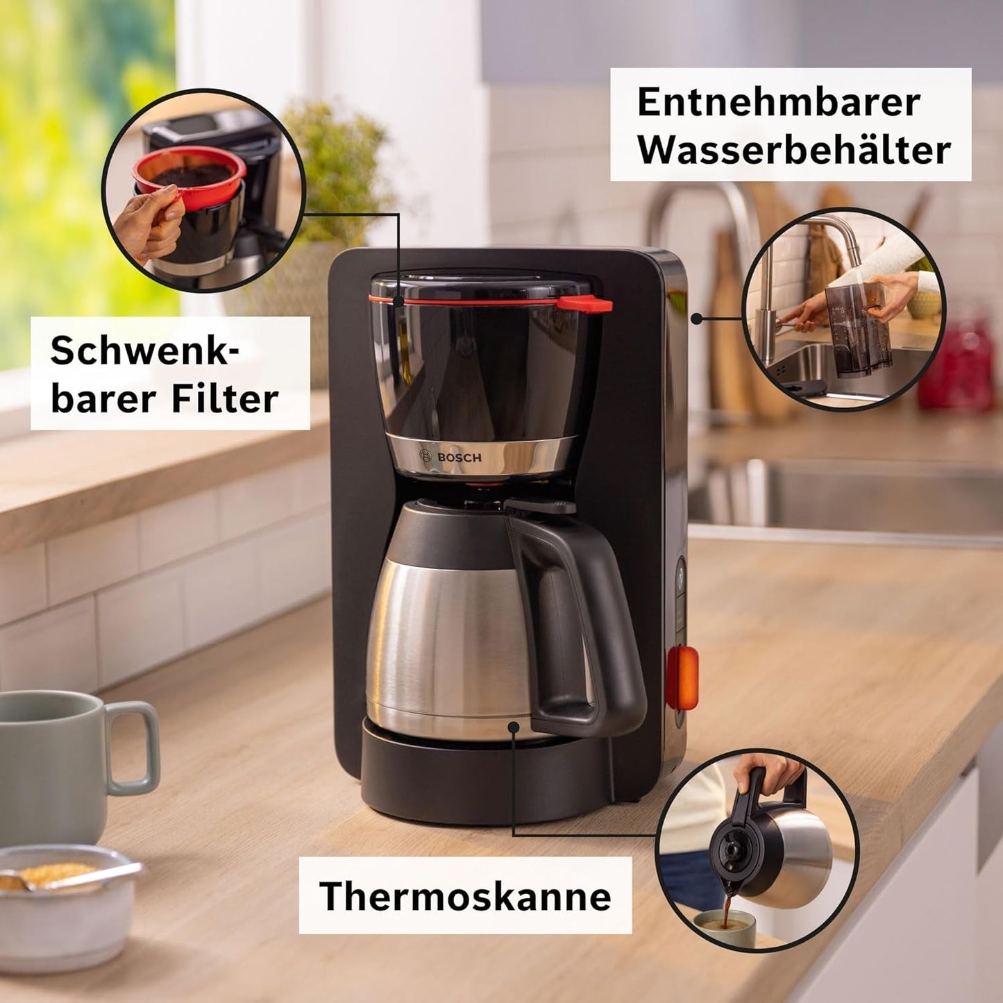 Bosch MyMoment TKA6M273 Ekspres do espresso z filtrem, karafka termiczna 1 l, 8–12 filiżanek, system zapobiegający kapaniu, obrotowy uchwyt filtra, program odkamieniania, wyjmowany zbiornik na wodę, 1200 W, czarny matowy