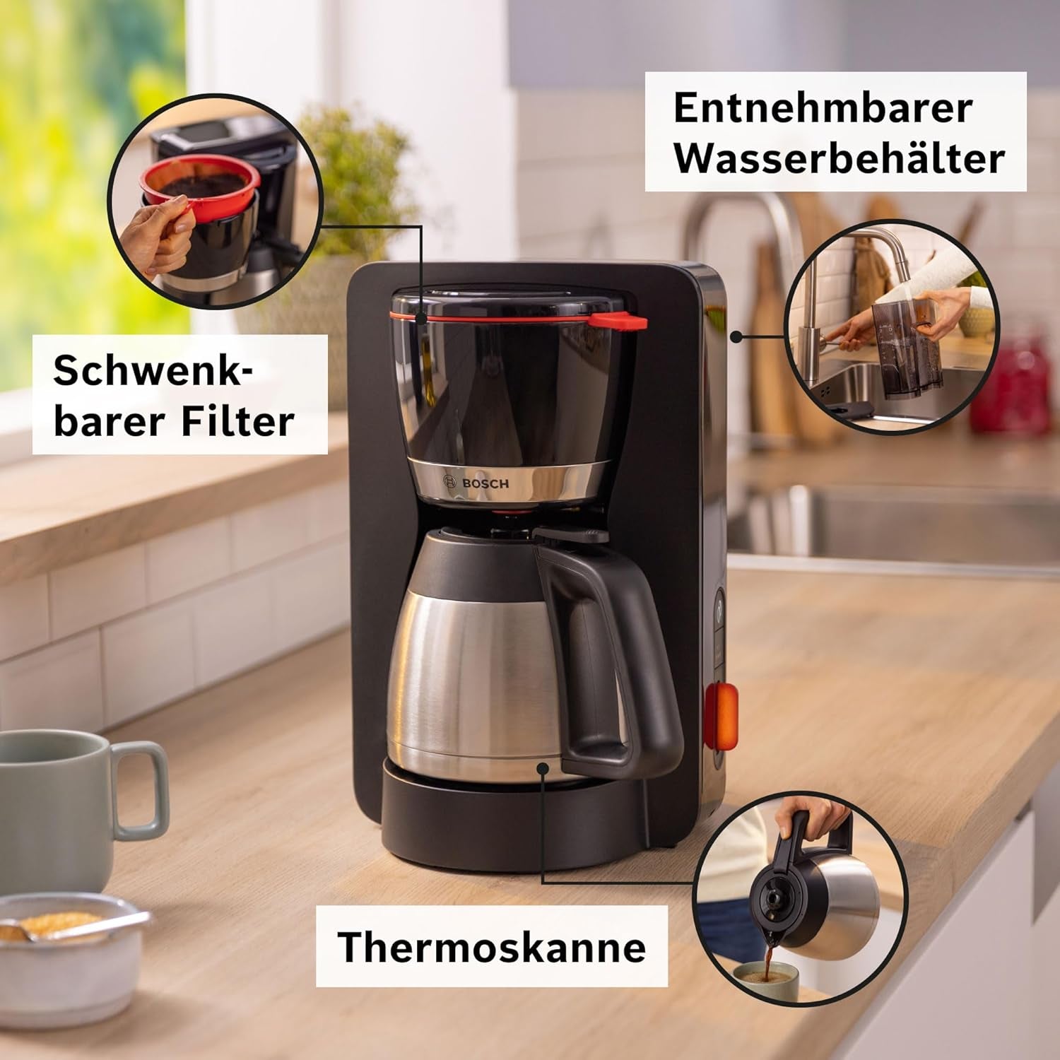 Bosch MyMoment TKA6M273 Ekspres do espresso z filtrem, karafka termiczna 1 l, 8–12 filiżanek, system zapobiegający kapaniu, obrotowy uchwyt filtra, program odkamieniania, wyjmowany zbiornik na wodę, 1200 W, czarny matowy