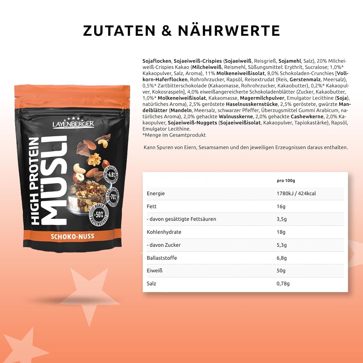 Layenberger 3K Muesli wysokobiałkowe, 50% Eiweiß i 18% Kohlenhydratu - opakowanie pojedyncze (1X 390 g) - Schoko-Nuss Cereale Naty Shop