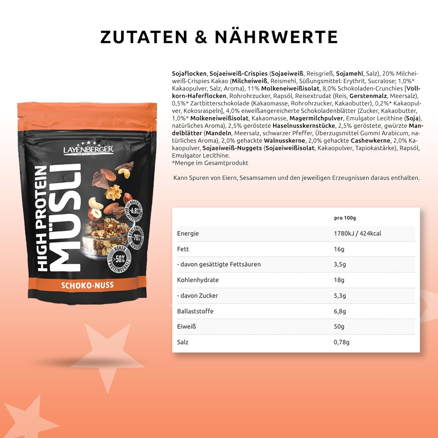 Layenberger 3K Muesli wysokobiałkowe, 50% Eiweiß i 18% Kohlenhydratu - opakowanie pojedyncze (1X 390 g) - Schoko-Nuss Cereale Naty Shop