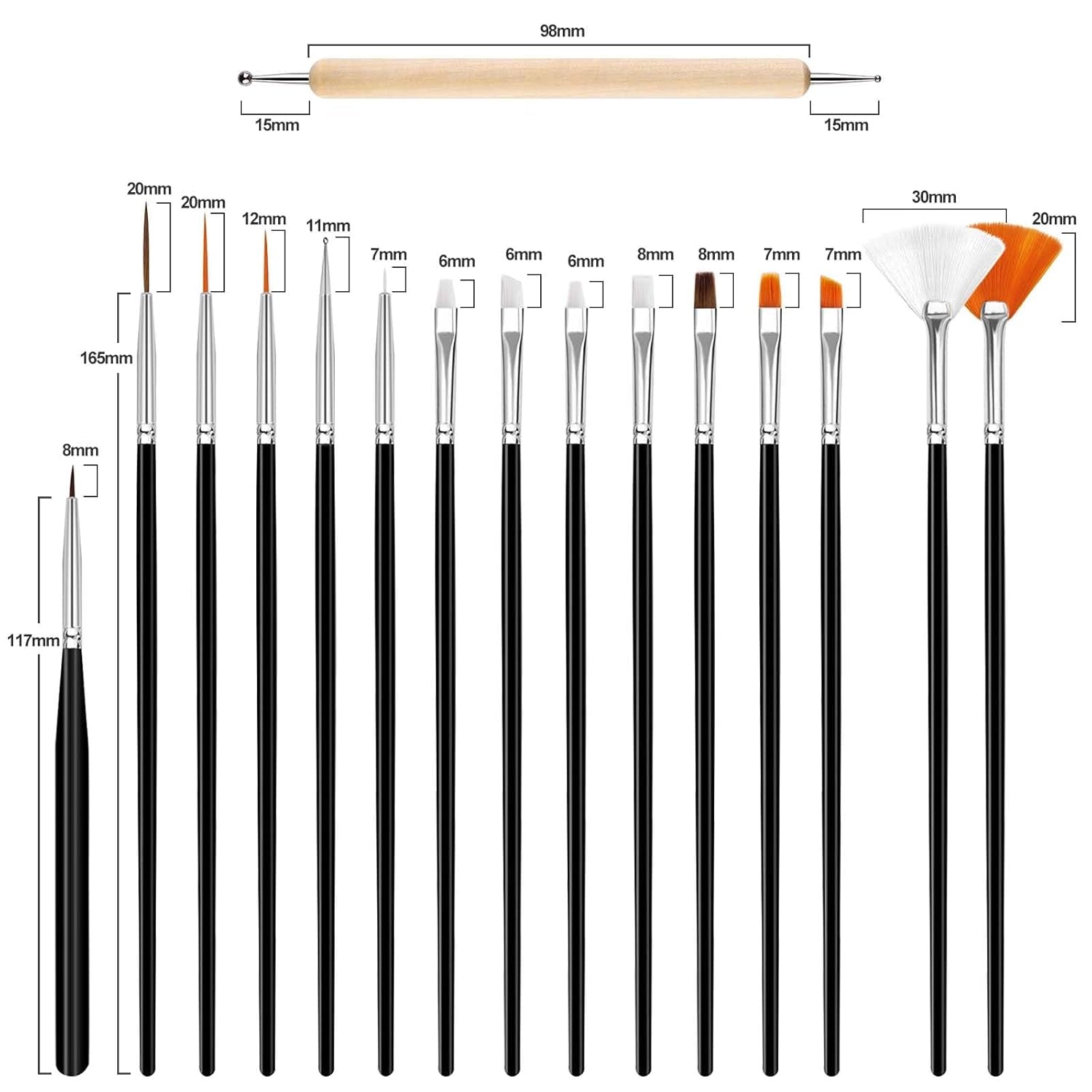Hanyousheng 20 Stück Nagel Pinsel Set, 15 Stück Nageldesign Pinsel, 5 Stück Nail Art Rozsianych narzędzi do samodzielnego projektowania paznokci