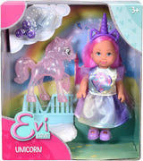 Lalka Simba Evi Love Unicorn Play, ubrana w uroczą sukienkę z jednorożcem i pasującą opaską na głowę, w tym jednorożec ze stajnią, jabłkami i butelką do picia, 12 cm, wiek 3+