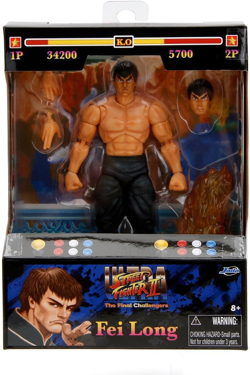 Jada Toys Figurka Street Fighter Guile (15 cm) - Street Fighter 2: The Final Challengers Kolekcjonerska ruchoma figurka z alternatywną głową, rękami i akcesoriami, wiek 13+ Figurki Naty Shop Fei-Long