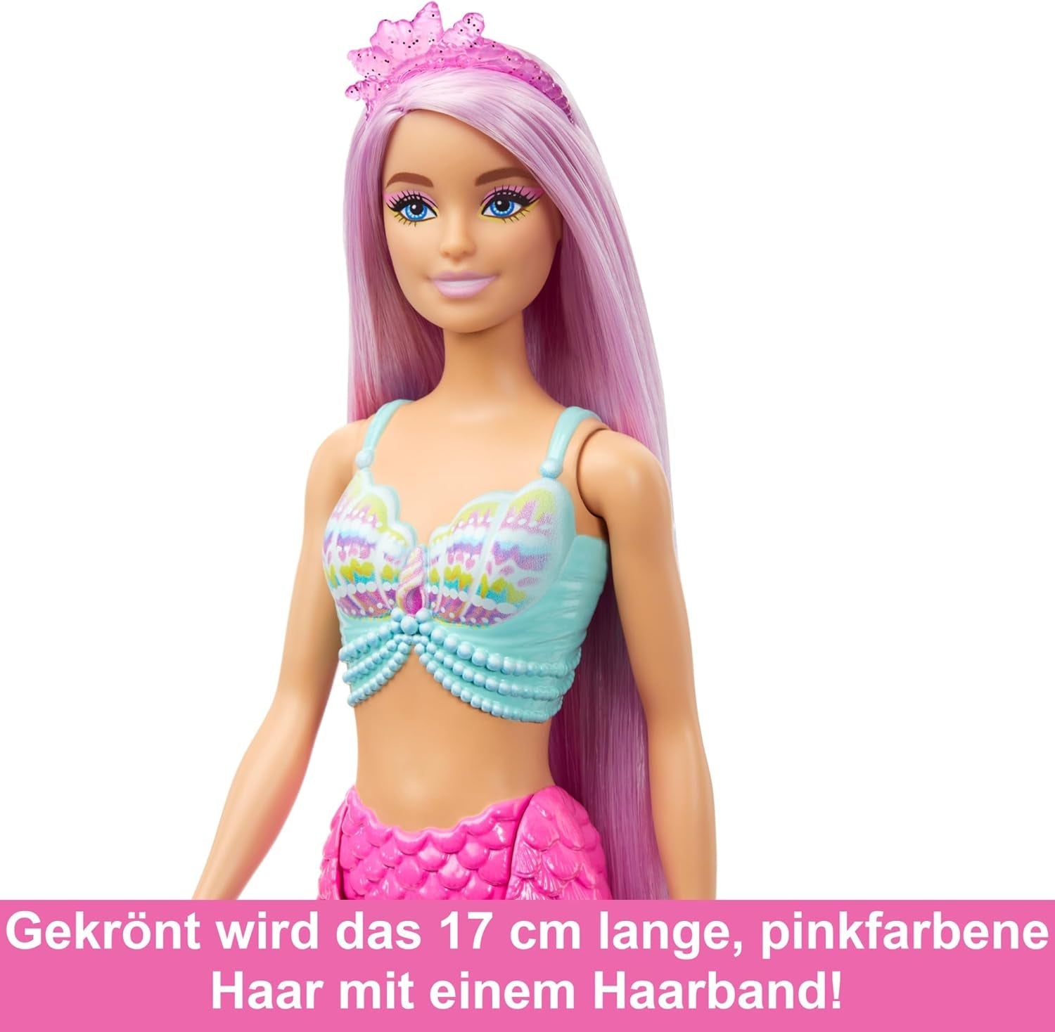 Lalka Barbie Syrenka – z długimi różowymi włosami i indywidualnymi akcesoriami do stylizacji, w tym szczotką, śliczną końcówką w kształcie muszelki i różową płetwą ogonową, dla dzieci w wieku od 3 lat, HRR00