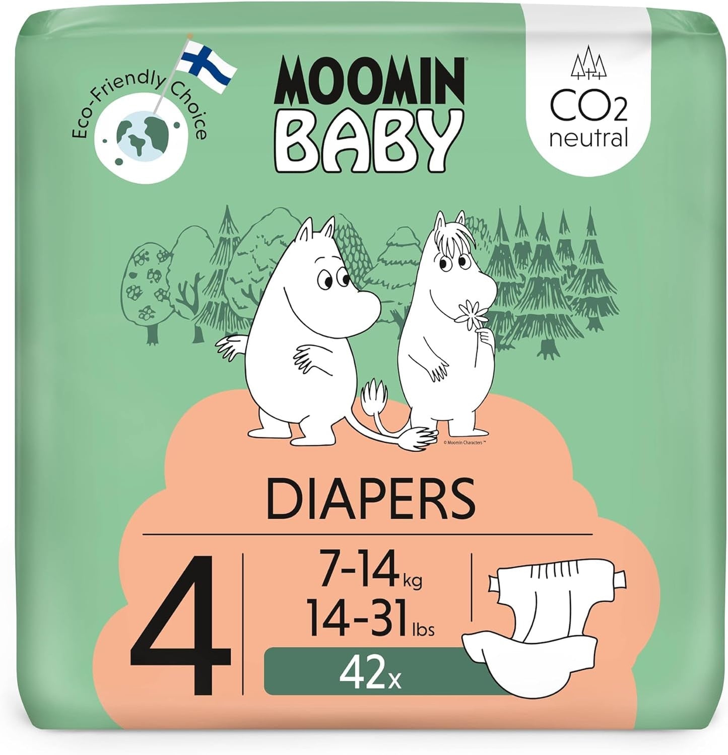 Pieluszki ekologiczne Muminki, rozmiar 3, 5-8kg, 48 sztuk, pieluszki Premium Soft | Miękkie i przyjazne dla skóry, oddychające, chłonne, bez zbędnych środków chemicznych |
