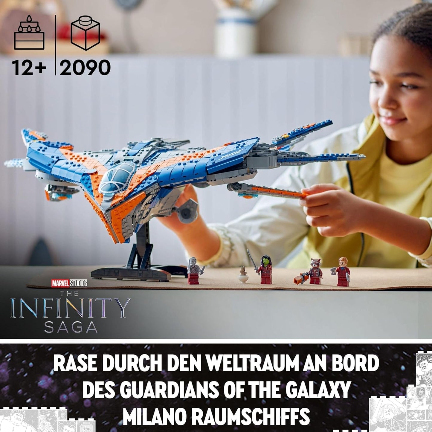LEGO Marvel Strażnicy Galaktyki: Budowa statku kosmicznego w Mediolanie Model statku kosmicznego z 4 minifigurkami superbohaterów Ulotka Avengers na kosmiczne przygody Prezent dla chłopców i dziewcząt 76286 Zestawy do budowania Zobacz sklep LEGO