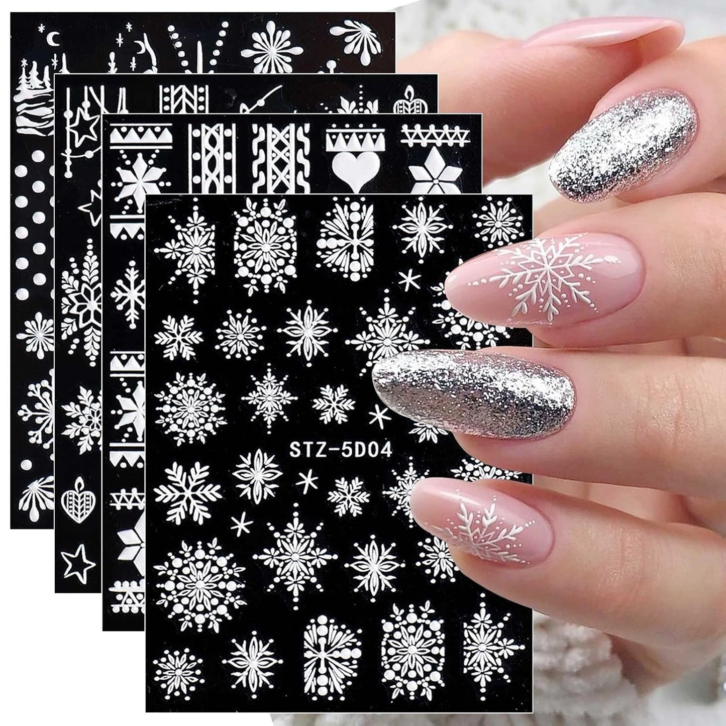 4 Blatt 3D Nagelsticker Weihnachten Nagelaufkleber Boże Narodzenie 5D Stereoskopisch Selbstklebend Schneeflocke Schneemann Nail Art Naklejka Dekoracja Nageldesign Zubehör