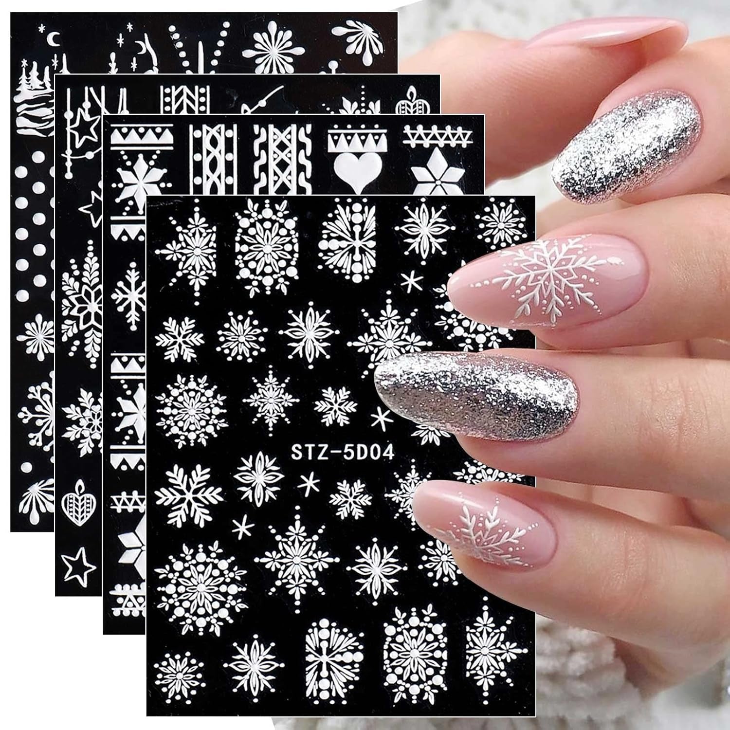 4 Blatt 3D Nagelsticker Weihnachten Nagelaufkleber Boże Narodzenie 5D Stereoskopisch Selbstklebend Schneeflocke Schneemann Nail Art Naklejka Dekoracja Nageldesign Zubehör