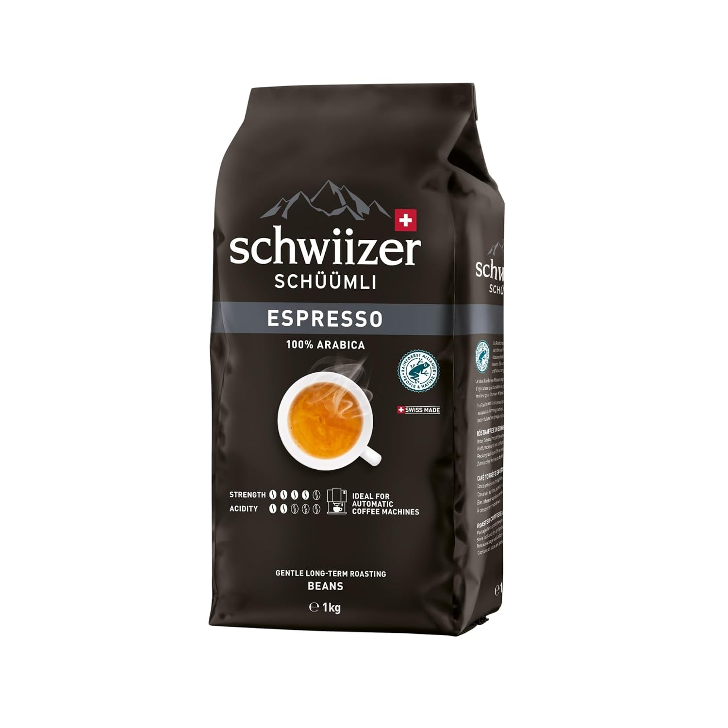 Schwiizer Schüümli Espresso, kawa ziarnista 100% Arabica, mocna i intensywna, idealna do automatycznych ekspresów ciśnieniowych, moc 4/5, średnio palona, ​​Rainforest Alliance, 1kg