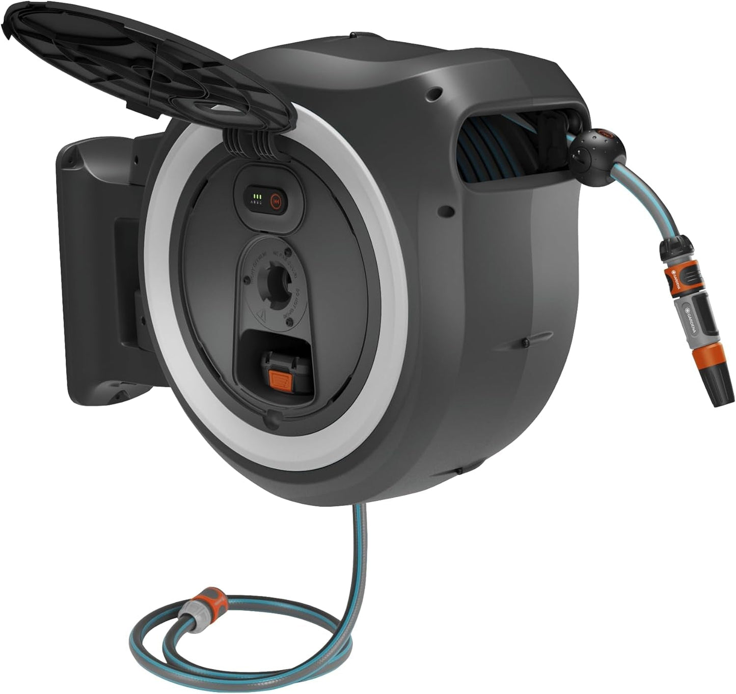 Gardena PowerRoll XXL Solo Bezprzewodowy ścienny pojemnik na wąż: automatyczny bęben na wąż z wężem ogrodowym o długości 40 m, prowadnicą węża i systemem RollControl, zasilany akumulatorowo, odporny na promieniowanie UV i mróz (18647-55)