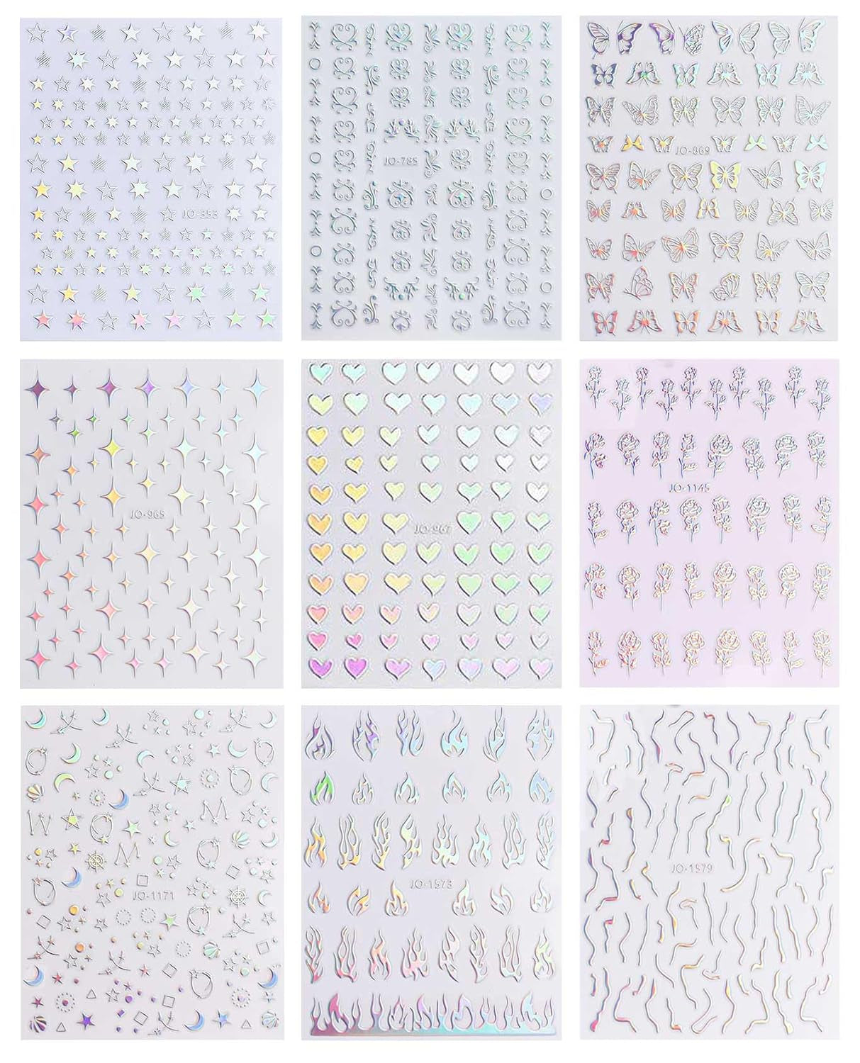JMEOWIO Nagelsticker Aurora Holografisch 9 Blatt Nagelaufkleber Selbstklebend Herz-Flamme Spielt Schmetterlings-Mond Die Hauptrolle Nail Art Naklejka Dekoracja Nageldesign Zubehör