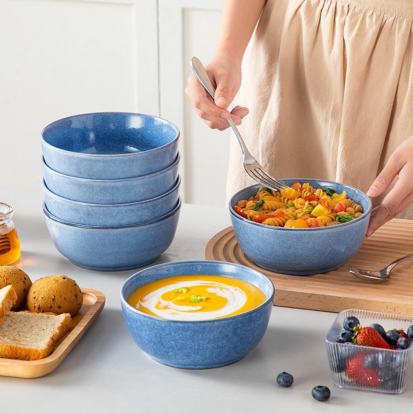 Steingut Geschirrset 6 Personen, vancasso ANYA Blau Teller Set Modern 24 teilig, Tafelservice mit Speiseteller, Suppenteller, Desserttellern, Schüsseln, Geschirr Set Spülmaschinen und Mikrowellenfest