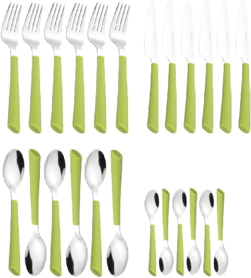 Sztućce JANE, stal nierdzewna polerowana 18/0, zielone plastikowe uchwyty, 24 sztuki Kitchen Naty Shop