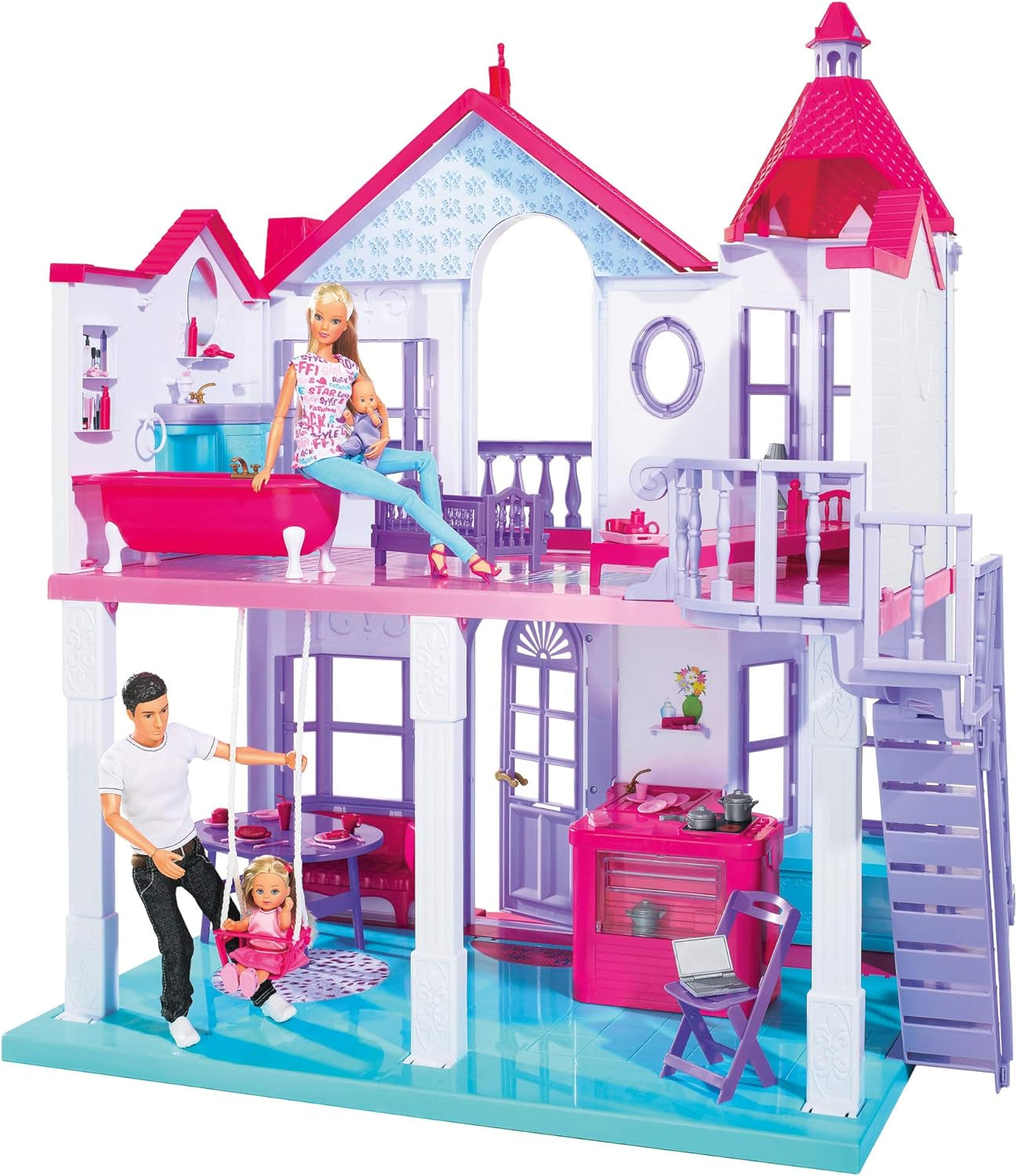Simba 104661996 - Steffi Love Dreamhouse, duży domek do zabawy, 4 pokoje, BEZ LALEK, wysokość 84 cm, dwa poziomy, działający dzwonek, składane domki dla lalek Naty Shop Domyślny tytuł