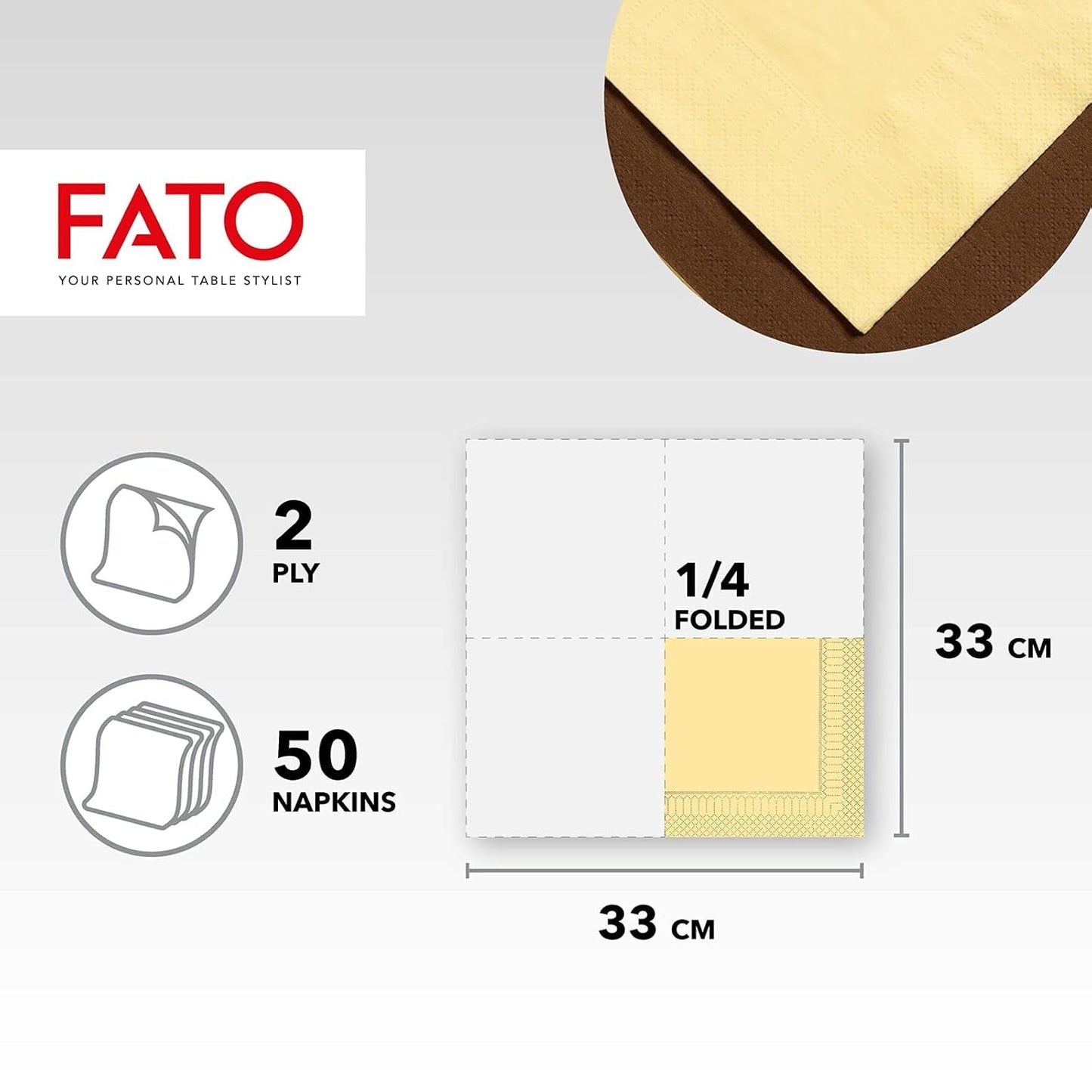 Fato - Jednorazowe serwetki papierowe, idealne na nieformalne lunche i bufety, opakowanie 50 serwetek, rozmiar 33X33, 4-krotnie, 2-warstwowe, kolor szampański, 100% czysty papier celulozowy, FSC