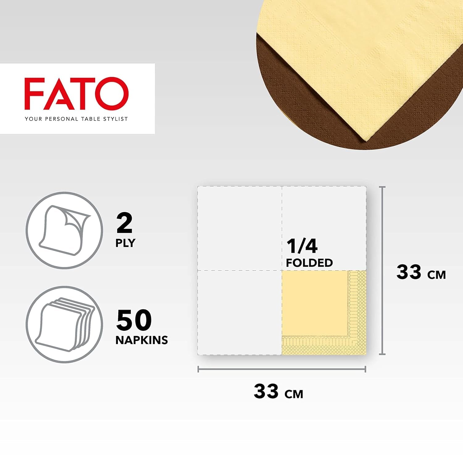 Fato - Jednorazowe serwetki papierowe, idealne na nieformalne lunche i bufety, opakowanie 50 serwetek, rozmiar 33X33, 4-krotnie, 2-warstwowe, kolor szampański, 100% czysty papier celulozowy, FSC