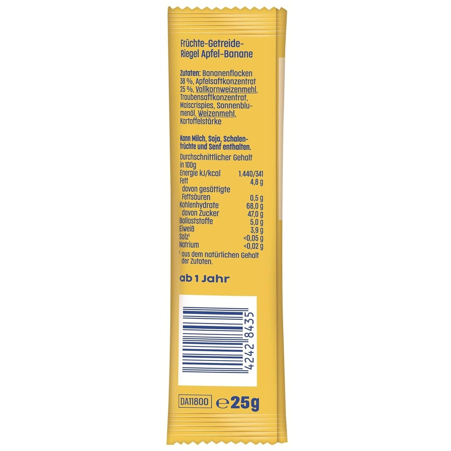 Batony jabłkowo-bananowe (20 x 25g), słodzone wyłącznie owocami, doskonała przekąska między posiłkami, przygotowana ze ściśle kontrolowanych i wyselekcjonowanych składników.