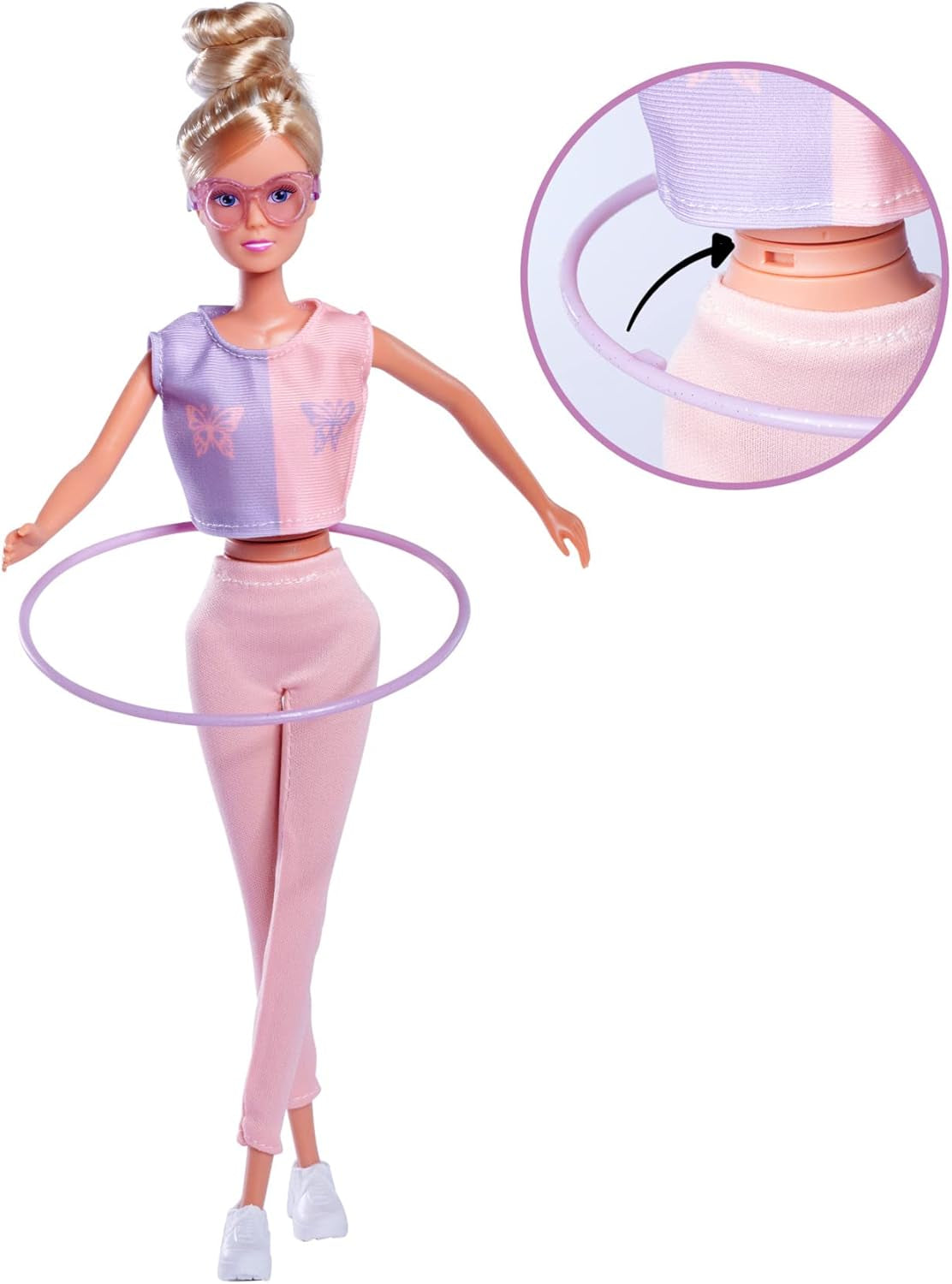 Simba 105733619 - Steffi Love Hula Hoop, zabawka lalka ze strojem sportowym, hula hop i funkcją mechaniczną, 29 cm, wiek 3+