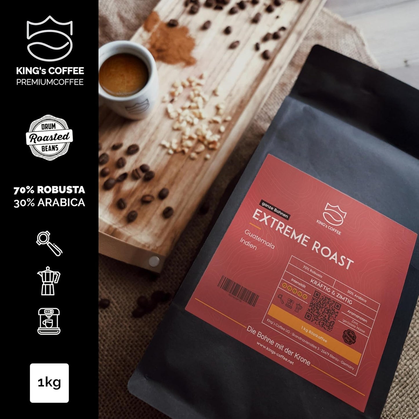 KING'S COFFEE - EXTREME ROAST - Ziarna Espresso Intenso - bardzo niska kwasowość - palenie małych partii z Włoch - kawa ziarnista do ekspresów w pełni automatycznych i ekspresów kolbowych - 1 kg