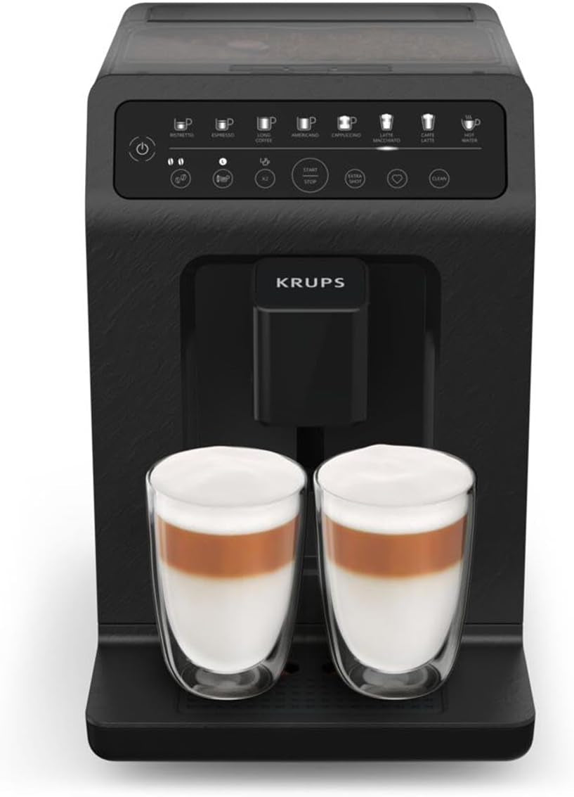 Krups EA897B Evidence Automatyczny ekspres do kawy ECOdesign, automatyczna funkcja espresso i cappuccino, technologia Quattro Force, kubki do mleka uruchamiane jednym dotknięciem, 8 ustawień wstępnych, system mleka, 1450W