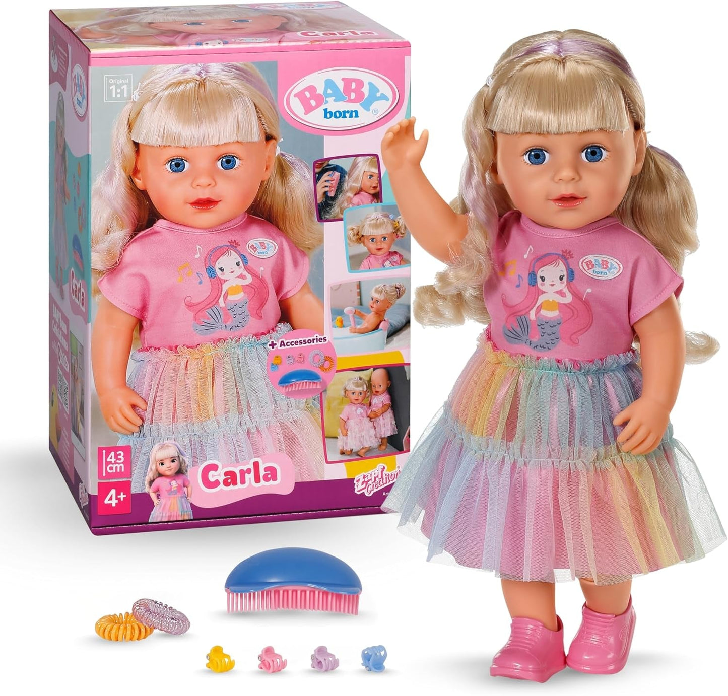 BABY Born Carla - lalka 43 cm - wysokiej jakości blond włosy z pasmami - nie wymaga baterii - odpowiednia dla dzieci od 4 lat - zawiera 7 akcesoriów, różowy