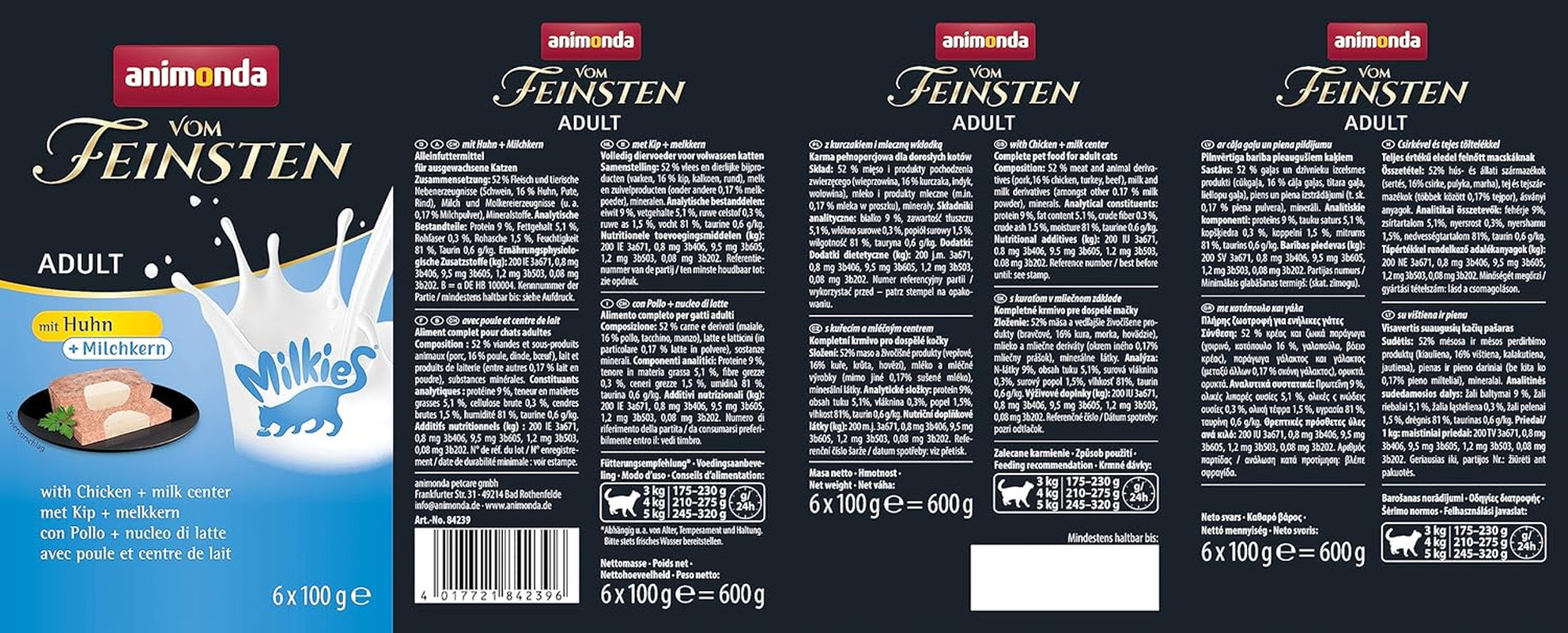 animonda Vom Feinsten Karma dla dorosłych kotów, Nassfutter für ausgewachsene Katzen, mit Chicken + Milchkern, 6 x 100 g