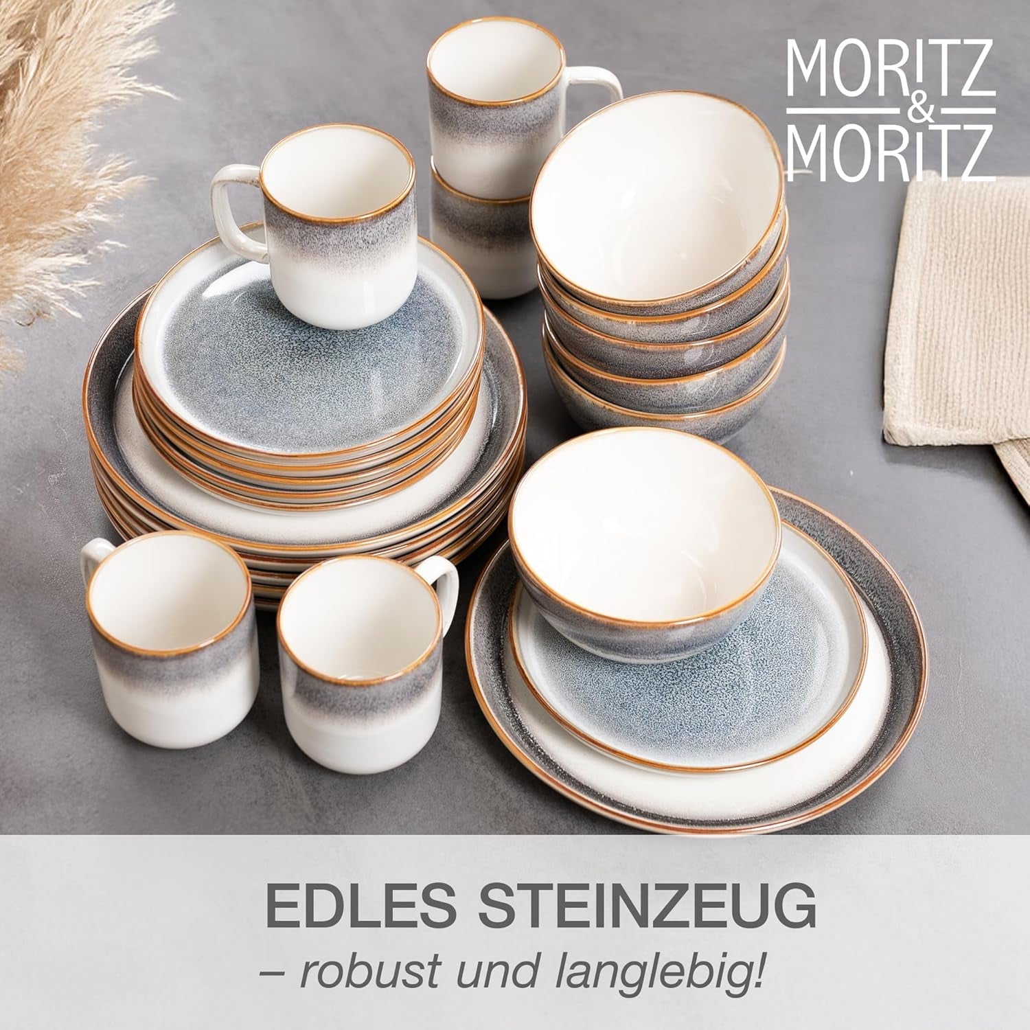 Moritz & Moritz TARENTO 24-częściowy zestaw obiadowy dla 6 osób, szary - Elegancki zestaw talerzy z kamionki wysokiej jakości - Zestaw obiadowy zawiera 6 talerzy obiadowych, 6 talerzy deserowych, 6 talerzy obiadowych i 6 filiżanek